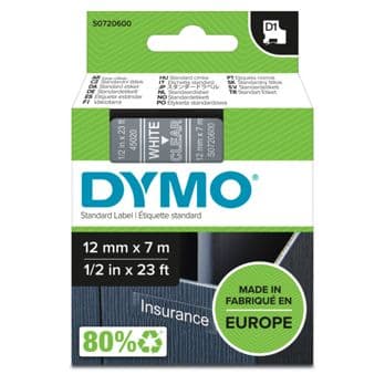 Foto: Dymo D1 Schriftband 12 mm x 7 m weiß auf transparent       45020