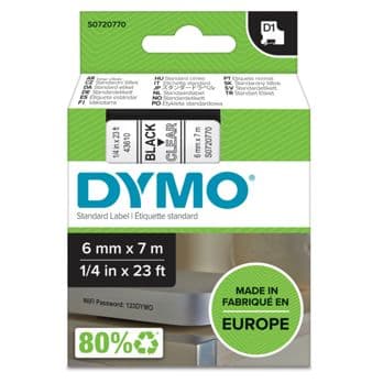 Foto: Dymo D1 Schriftband 6 mm x 7 m schwarz auf transparent    43610