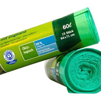 Foto: 1x15 Secolan Mülleimerbeutel mit Zugband 60 l grün